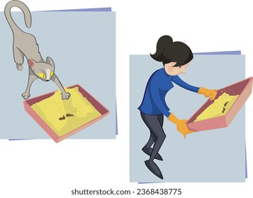 
Cat litter box. A cat has just used the litter box and the owner goes to clean it.