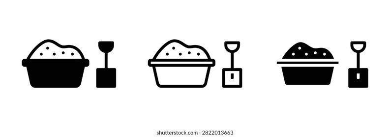 Cat litter box icon set with scoop shovel. Pet care, domestic animal sanitation tray, sand toilet, kitty hygiene equipment, veterinary store symbol. Vector illustration isolated on white background