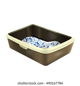 Cat litter box. Plastic catbox filled with crystal litter. Isolated litter tray with silica gel. Pet supplies for pet shop. Vector EPS10 realistic illustration.