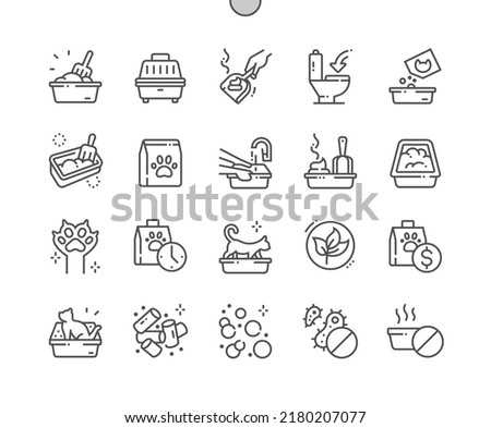 Cat litter box. Scoop and flush. Peleted filler. Pet store, cat accessory, toilet. Pixel Perfect Vector Thin Line Icons. Simple Minimal Pictogram