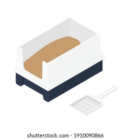 Cat litter box with scoop isolated on white background isometric view. Vector