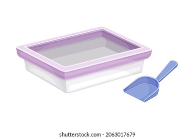 Cat litter box and scoop. Plastic toilet for pet animals vector illustration