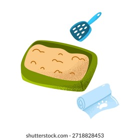 Katzenstreu-Set mit Schaufel und Abfallsäcken. Perfekt für Tiershop-Branding, Tierarzt-Infografiken und Cat Care Blogs. Unentbehrliches Hygiene-Kit. Vektorgrafik