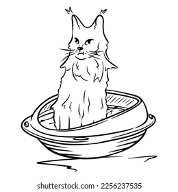 Gato en la caja de basura del gato. Bandeja para gatos. Mascota. Estilo de línea. Ilustración vectorial aislada