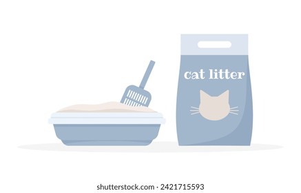 Cat litter filler and cat toilet tray with showel isolated on white background, flat vector illustration