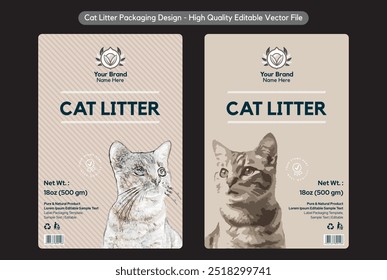 Cat Litter design de embalagem, produtos para gatos etiqueta design de bolsa editável arquivo vetor gato cuidado ilustração modelo download