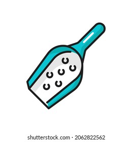 Cat litter scoop, pets and animals toilet hygiene accessory isolated outline icon. Vector cats care and toilet hygiene cleaning item, urine and poop litter scoop, domestic pets health, toilet cleaner