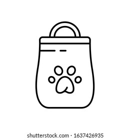 Cat Litter Toilet Or Dog Food Package Icon. Linear Bag With Handle And Paw Print Logo. Black Illustration Of Pet Products. Contour Isolated Vector Image On White Background. Symbol For Shop