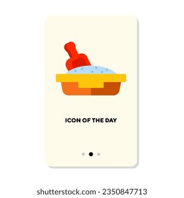 Cat litter tray with shovel on white background. Cat stuff cartoon illustration. Pets and animals concept. Vector illustration symbol elements for web design and apps