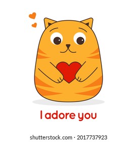 Cat little cute red striped holds a red heart in its paws and the inscription I adore you from below isolated on white background. Valentines Day. Greeting card for the holiday. Vector illustration