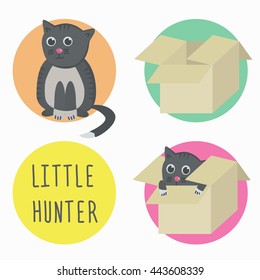 The cat is a little hunter. Cat in box. Vector illustration.