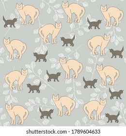 Cat + little kitten pattern on branches background