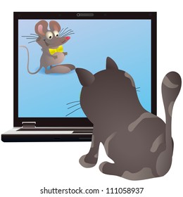 Cat and little mouse on the screen of the notebook