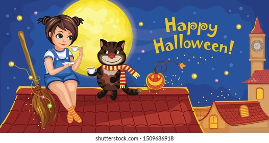 Cat and little witch are celebrating happy Halloween. Night sky with moon and stars. Postcard for friend or family. Wonderland. Vector illustration. Fairytale background for children's Wallpaper.