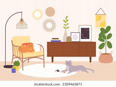 Cat in living room. House interior with stylish furniture, armchair and plants. Cats resting at home, retro design with lazy pets, racy vector scene