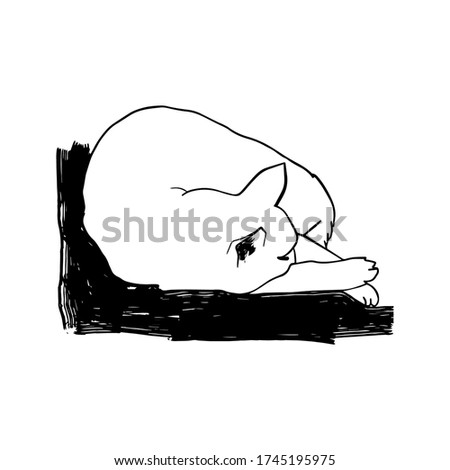cat liying linear black and white isolated sketch