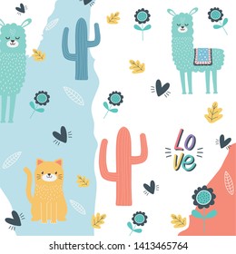 Cat and llama cartoon design vector illustration
