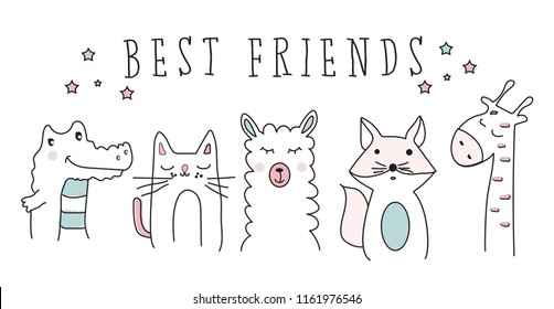 cat, llama, giraffe, crocodile, fox, best friends animal cartoon vector set illustration