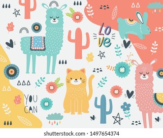 Cat llama and rabbit cartoon design vector illustration