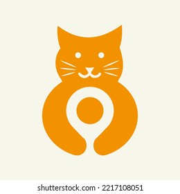 Cat Location Logo Negative Space Concept Vector Template. Cat Holding Pin Symbol