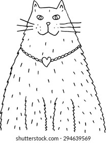 Cat with locket. Black and white hand-drawn illustration.