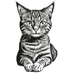 Cat Logo, Black And White Illustration Hand Drawing Kitten

