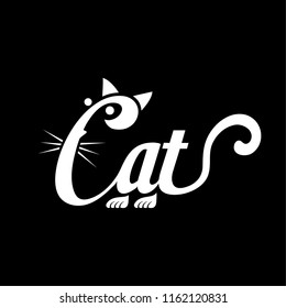 Cat logo. Black and white lettering design. Decorative inscription. Vector and illustration.