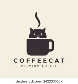 cat logo with coffee cup  pet shop  minimalist  vector icon symbol illustration design template