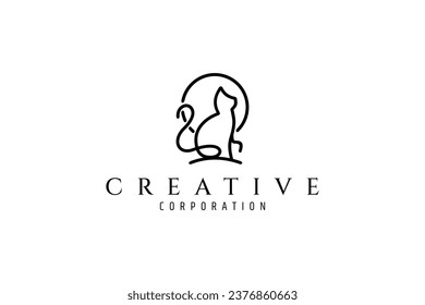 Diseño del logotipo del gato con un estilo lineal de fondo lunar
