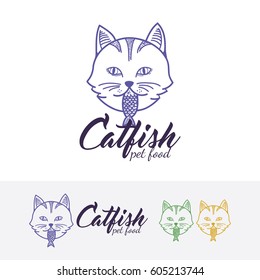 Cat logo design. Pet logo, Cat eat fish, Animal head. Pet care, Pet food and Store logo concept. Vector logo template