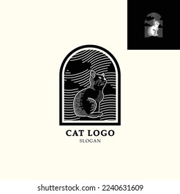 the cat logo is a logo design that illustrates a cat looking at the sky, made using the linocut engrave technique, for logos of cat food brands, cafes, etc.
