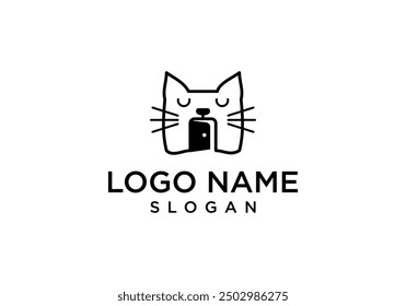 cat logo design vector with door