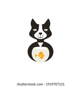Cat logo with a fish in the aquarium. Emblem for advertising a pet shop, veterinary clinic, products for animals. Vector illustration.Flat design..