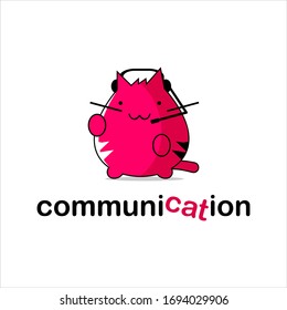 plantilla de diseño del logotipo del gato de comunicación divertida, icono del vector de auriculares 