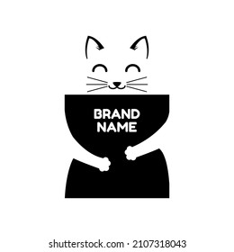 cat logo is hugging something that makes him happy. design for cat food products, pet shop, animal lover, cat lover