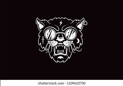 Cat logo illustration. Evil cat. Emblem design on black background