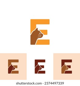 Cat Logo of initial Letter E Pet paw shop icon, animal care store symbol, veterinary clinic vector.