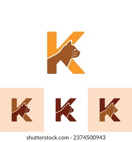 Cat Logo of initial Letter K Pet paw shop vector, animal store symbol, veterinarian clinic icon emblem.