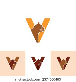 Cat Logo of initial Letter V Pet paw shop vector, animal store symbol, veterinarian clinic icon emblem.