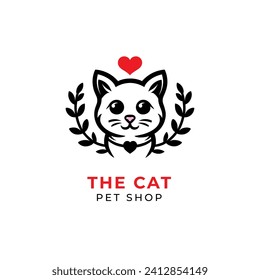 Cat logo with leaves in cute and simple style for pet shop