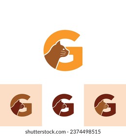 Cat Logo of Letter G Pet paw store icon, cute animal shop symbol, veterinary clinic label vector.