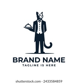 The cat logo in restaurant attire exudes charm, professionalism, and hospitality, blending feline grace with culinary service excellence.