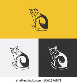 Cat logo template looking back with its back in three color variants, black, white and yellow