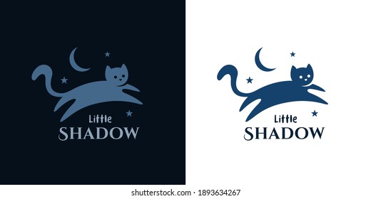 Cat logo template. Pet symbol. Cute kitten icon. Little kitty shadow with moon at night. Domestic feline animal jump silhouette. Vector illustration.