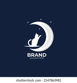 cat logo vector with moon and stars on white