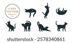 Cat Logo Vector Silhouettes Set. Pet Kitten Icon Illustrations Outline Abstract Isolated Cartoon Graphic Collection. Sleeping, Walking, Yoga Stretching and Sitting Calm Elegant Animals