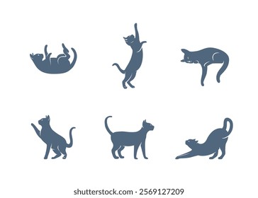 Cat Logo Vector Silhouettes Set. Pet Kitten Icon Illustrations Outline Abstract Isolated Cartoon Graphic Collection. Sleeping, Walking, Yoga Stretching and Sitting Calm Elegant Animals