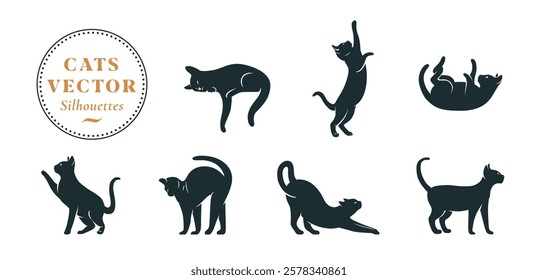 Cat Logo Vector Silhouettes Set. Pet Kitten Icon Illustrations Outline Abstract Isolated Cartoon Graphic Collection. Sleeping, Walking, Yoga Stretching and Sitting Calm Elegant Animals