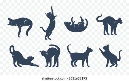 Cat Logo Vector Silhouettes Set. Pet Kitten Icon Illustrations Outline Abstract Isolated Cartoon Graphic Collection. Sleeping, Walking, Yoga Stretching and Sitting Calm Elegant Animals