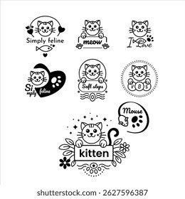 Cat logotype cute cartoon kitten sign line art design. Black and white characters set for pets shop, house, food labels and emblems, etc